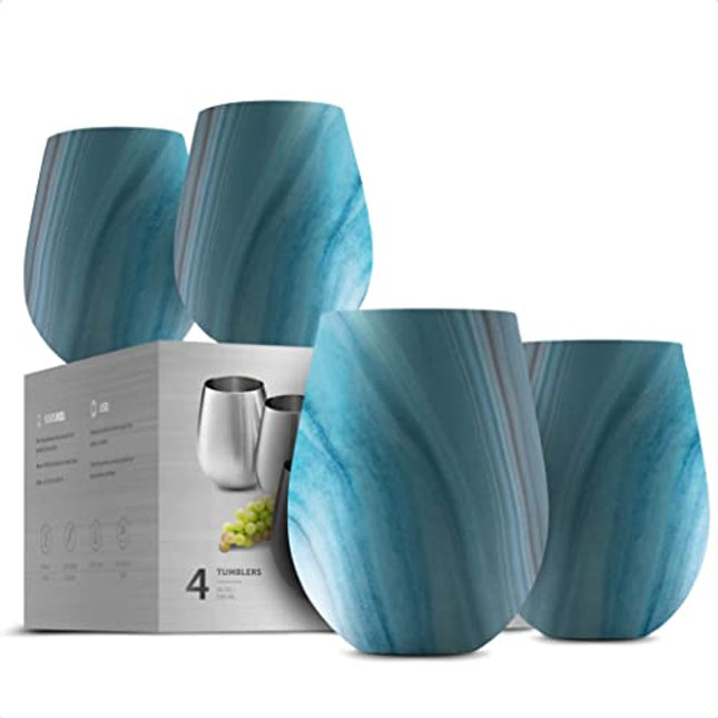 Stainless Steel Unbreakable Wine Glasses - 18 Ounce Set of 4 Wine glasses. Premium Grade 18/8 Stainless Steel Red & White Stemless Wine Glasses set, (Exquisite Blue Marble)