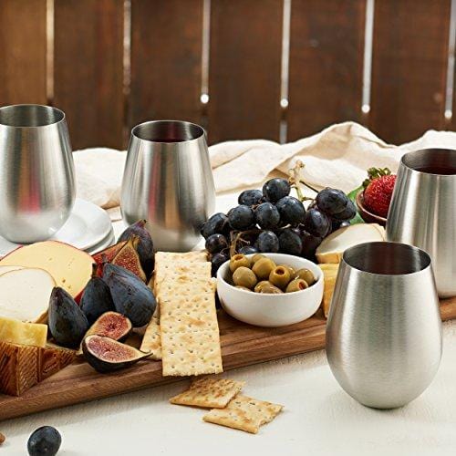 Stainless-Steel Unbreakable Wine Glasses - 18 Ounce Set of 4 Wine glasses.  Premium-Grade 18/8 Stainless Steel Red & White Stemless Wine Glasses set,  Portable Wine Tumbler, for Outdoor Events, Picnics 