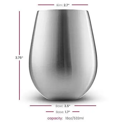 Stainless Steel Wine Glasses - Set of 4 Large & Elegant 18 Oz. Premium Grade 18/8 Stainless Steel Red & White Stemless Wine Glasses, Unbreakable, Portable Wine Tumbler, for Outdoor Events, Picnics