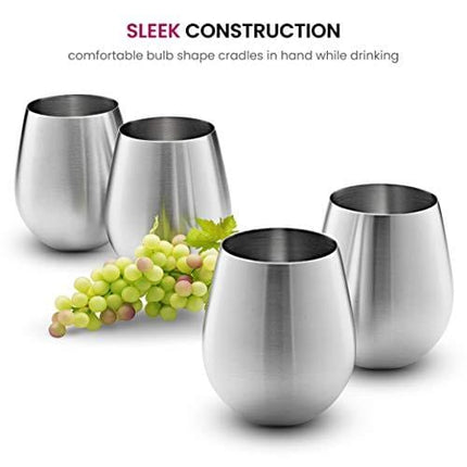 Stainless Steel Wine Glasses - Set of 4 Large & Elegant 18 Oz. Premium Grade 18/8 Stainless Steel Red & White Stemless Wine Glasses, Unbreakable, Portable Wine Tumbler, for Outdoor Events, Picnics