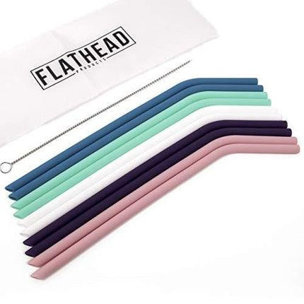 Flathead Bent Reusable Silicone Drinking Straws w/Cleaning Brush - Extra long for 30oz and 20oz tumblers and BPA Free (Set of 10)
