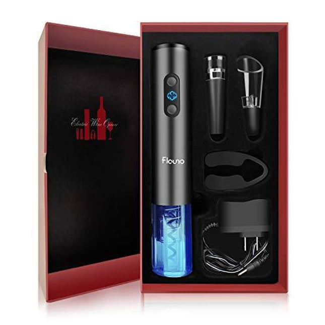 Flauno Electric Wine Opener Rechargeable - Automatic Bottle Corkscrew Kit with Accessories Foil Cutter | Vacuum Stopper | Aerator Pourer & Charger | 5-in-1 Wine Gift Set for Wine Lover