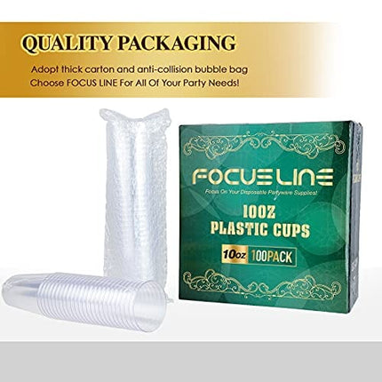 FOCUSLINE 100 Pack Clear Plastic Cups 10 oz Disposable Cups Heavy Duty Plastic Tumblers, Reusable Clear Hard Plastic Cups Tumblers for Wedding, Thanksgiving, Halloween, Christmas Party