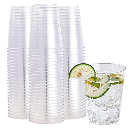 FOCUSLINE 100 Pack Clear Plastic Cups 10 oz Disposable Cups Heavy Duty Plastic Tumblers, Reusable Clear Hard Plastic Cups Tumblers for Wedding, Thanksgiving, Halloween, Christmas Party