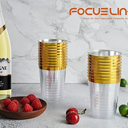 FOCUSLINE 100 Pack Gold Rimmed Plastic Cups 10oz Clear Plastic Cups Tumblers, Fancy Disposable Hard Plastic Cups with Gold Rim for Wedding Cups Elegant Party Cups