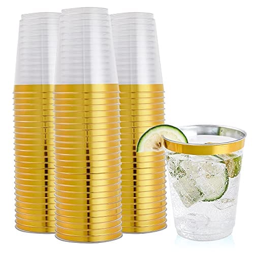 Focusline 100 Pack Gold Rimmed Plastic Cups 10oz Clear Plastic Cups Tumblers, Fancy Disposable Hard Plastic Cups with Gold Rim for Wedding Cups