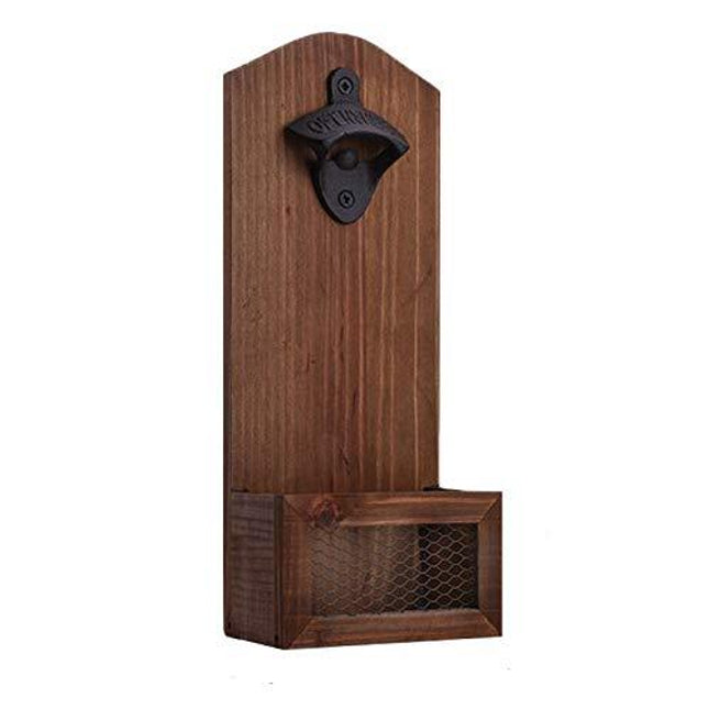 Bottle Opener, Vintage Wooden Wall Mounted Beer Opener with Caps Catcher, Perfect tool can apply in Kitchen, Bar, Yard or Anywhere Like