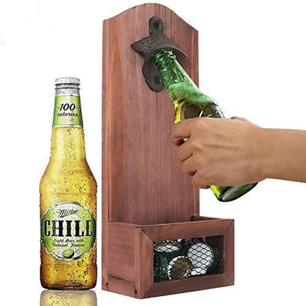 Bottle Opener, Vintage Wooden Wall Mounted Beer Opener with Caps Catcher, Perfect tool can apply in Kitchen, Bar, Yard or Anywhere Like