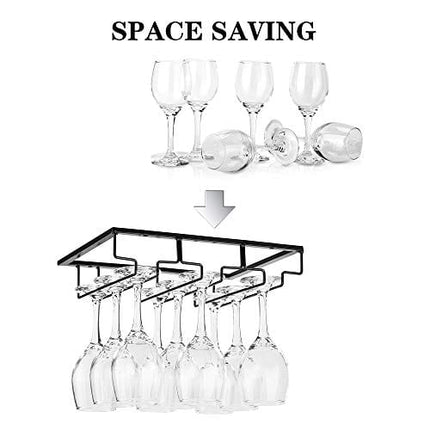 Wine Glass Rack - Under Cabinet Stemware Wine Glass Holder Glasses Storage Hanger 2 Pack Metal Organizer for Bar Kitchen Black