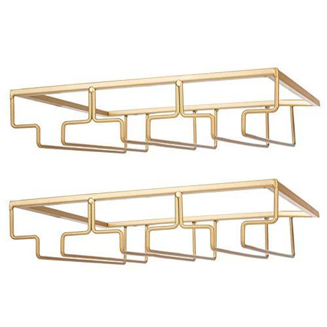 Wine Glass Rack - Under Cabinet Stemware Wine Glass Holder Glasses Storage Hanger 2 Pack Metal Organizer for Bar Kitchen Gold