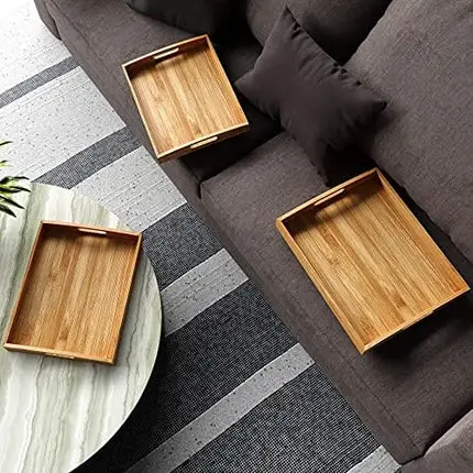 Set of 3 Large Bamboo Serving Trays – Large Serving Tray with Handles – Coffee Table Tray – Food Tray – Bed Tray