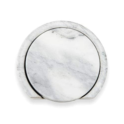 Fox Run Natural Polished Marble Stone Coasters, Set of 4, with Holder, White