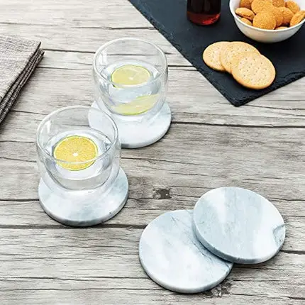 Fox Run Natural Polished Marble Stone Coasters, Set of 4, with Holder, White