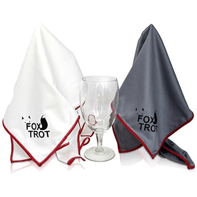 Fox Trot Large Microfiber Polishing Cloths (2 Pack White | Gray) | Streak Free, Lint Free Shine and Clarity for Wine Glasses, Stemware and More