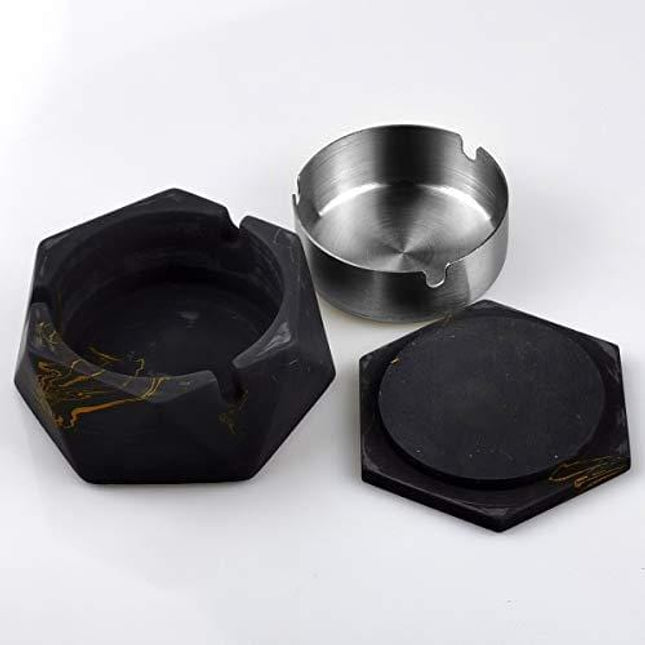FREELOVE AIGUAN Concrete Cigarette Ashtray with Lid & Liner, Windproof Cement Ash Tray for Indoor or Outdoor Use, Patio, Office & Home(Black-Gold A)