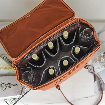 Freshore 6 Wine Bottles Carrier Leather Bag - Insulated Cooler Travel Tote - Premium Large Portable Bottle Carrying, Waterproof Full Padding Wine Lovers Protection, Light Brown