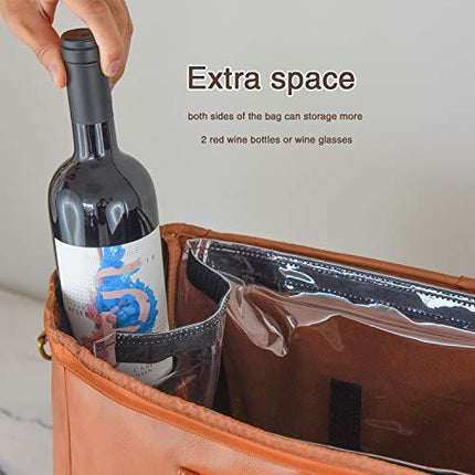 Freshore 6 Wine Bottles Carrier Leather Bag - Insulated Cooler Travel Tote - Premium Large Portable Bottle Carrying, Waterproof Full Padding Wine Lovers Protection, Light Brown
