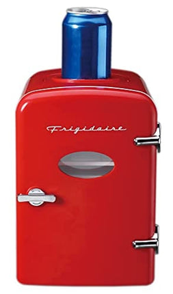 Frigidaire Mini Portable Compact Personal Fridge, 6+1 Can Capacity with Active Cooling Can Holder on Top, 100% Freon-Free & Eco Friendly, Includes AC/DC Wall/Car Charger (Red)
