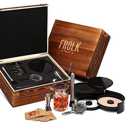 Frolk Complete Bar Set - Bar Tools - Cocktail Set: Mixing Glass, Cocktail Glasses Rimmer, Spoon, Muddler, Jigger - Mixology Bar Accessories Tool Kit - Bartender Barware Mixer Set in Wooden Gift Box