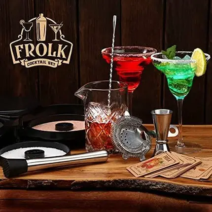 Frolk Complete Bar Set - Bar Tools - Cocktail Set - Mixing Glass, Cocktail Glasses, Spoon, Muddler, Jigger - Mixology Bar Accessories Tool Kit - Bartender Barware Set - Bartending Drink Mixer Kit
