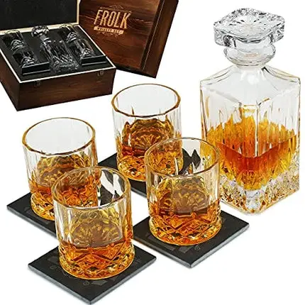 Whiskey Decanter and Glass Set - Whisky Glasses Sets for Men - 4 Extra Large Scotch Old Fashion Glasses with Classic Decanter, Stone Coasters - Bourbon Decanter Gift Set for Men - Home Bar Set in Box