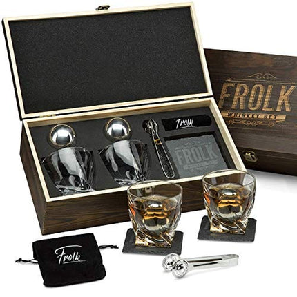 Whiskey Stones Gift Set for Men - 2 King-Sized Chilling Stainless-Steel Whiskey Balls - 2 XL Whiskey Glasses, Slate Stone Coasters, Freezer Pouch & Tongs - Luxury Set in Unique Pine Wood Box