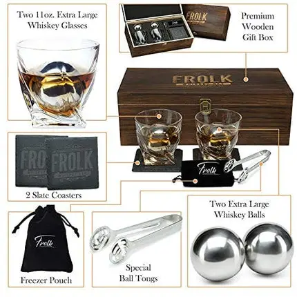 Whiskey Stones Gift Set for Men - 2 King-Sized Chilling Stainless-Steel Whiskey Balls - 2 XL Whiskey Glasses, Slate Stone Coasters, Freezer Pouch & Tongs - Luxury Set in Unique Pine Wood Box