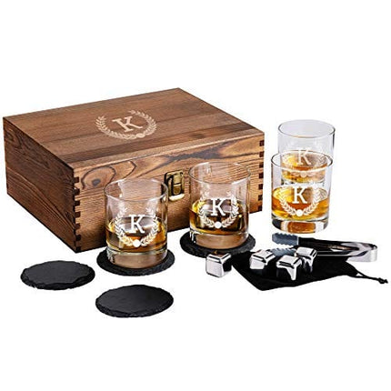 Froolu Personalized Scotch Whiskey Glasses Set - Premium Customizable Monogram Designs - Etched Bourbon Drinking Whisky Rocks Gift for Men - Great for Birthday, Anniversary (Set of 4)