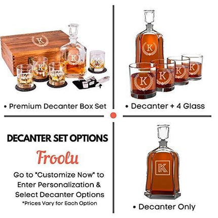 Personalized Whiskey Decanter Set for Men - 9 Design Options - Engraved Liquor Decanter Sets with Scotch Glasses - Perfect Gift Set for Him, Dad - Premium Set Includes Whiskey Stones - by Froolu