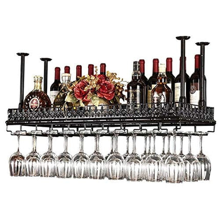 FURVOKIA Industrial Vintage Metal Bar Wine Glass Hanging Rack,Retro Upside Down Stemware Goblet Wine Glass Holder,Tableware Bottle Floating Shelf for Home Kitchen (Black, 47.2''L)
