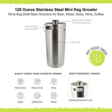 128 Ounce Stainless Steel Mini Keg Growler - Wine Keg Draft Beer Growlers for Beer, Water, Soda, Wine, Coffee