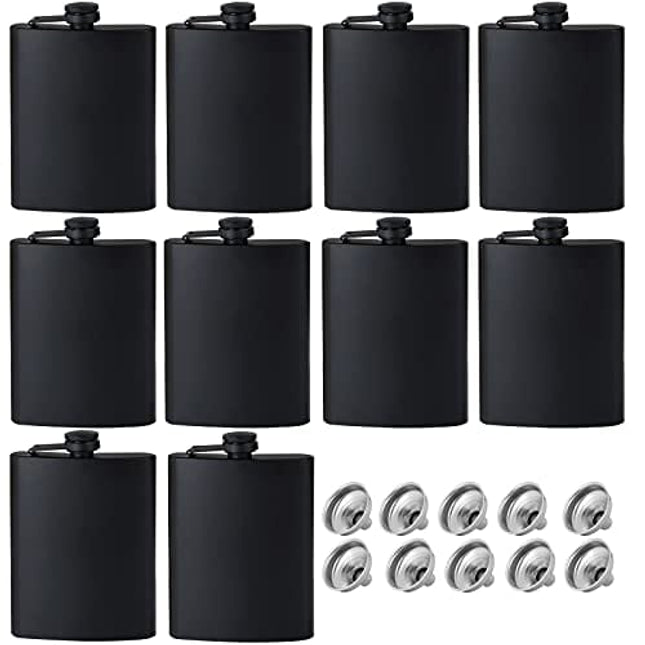 Flasks for Liquor for Men, Matte Black 8 Oz Stainless Steel Leakproof and Funnel, with Never-Lose Metal cap, Hip Flask for Wedding Party Outdoor Activities, Set of 10
