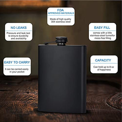 Flasks for Liquor for Men, Matte Black 8 Oz Stainless Steel Leakproof and Funnel, with Never-Lose Metal cap, Hip Flask for Wedding Party Outdoor Activities, Set of 10