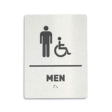 Men Restroom Identification Sign - Wheelchair Accessible, ADA Compliant Bathroom Sign, Raised Icons, Raised Braille, Brushed Aluminum, TCO Inspection Certified (6"W x 8"H) - by GDS