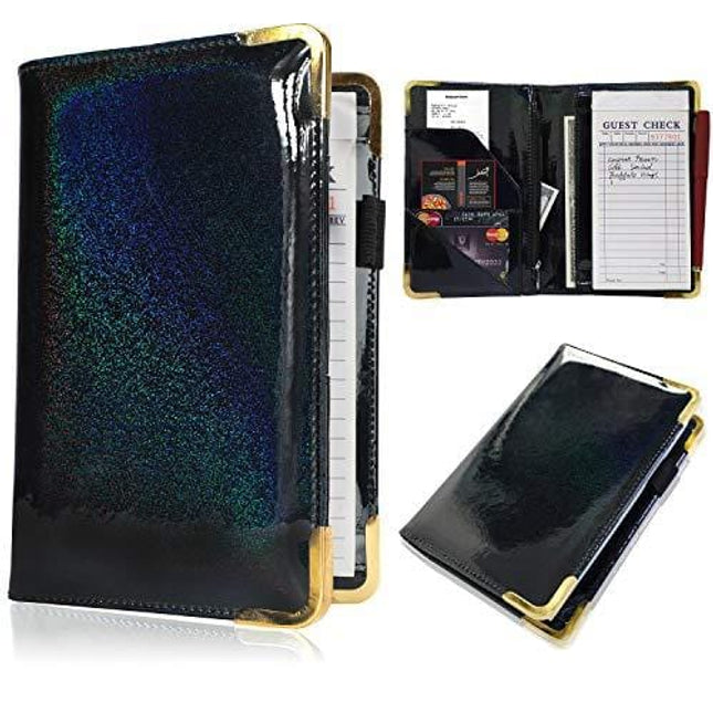 Server Books for Waitress - Glitter Leather Waiter Book Server Wallet with Zipper Pocket, Waitress Book Waitstaff Organizer with Money Pocket (Black)