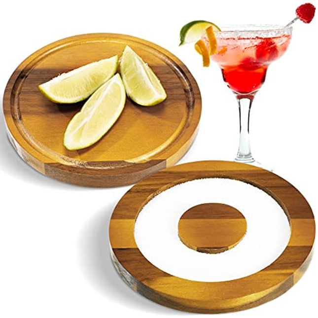 Geiserailie Wood Margarita Salt Rimmer Cocktail Rimmer Kit 6.5 Inch Diameter Glass Rimmer with Lid Glass Bar Sugar Salt Rimmer Plate for Cocktails, Drinks