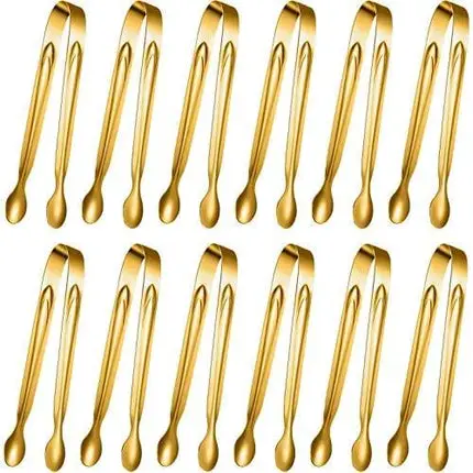 12 Pieces Sugar Tongs Ice Tongs Stainless Steel Mini Serving Tongs Appetizers Tongs Small Kitchen Tongs for Tea Party Coffee Bar Kitchen (Gold, 6 Inch)