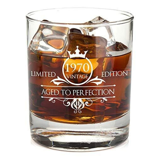 1970 50th Birthday Whiskey Glass for Men and Women - Vintage Funny Anniversary Gift Idea for Him, Her, Husband, Wife – 50 Year Old Gifts for Mom, Dad - Party Favors, Decorations - 11 oz