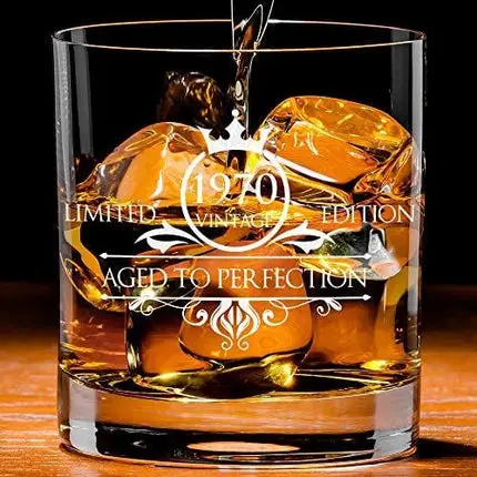 1970 50th Birthday Whiskey Glass for Men and Women - Vintage Funny Anniversary Gift Idea for Him, Her, Husband, Wife – 50 Year Old Gifts for Mom, Dad - Party Favors, Decorations - 11 oz