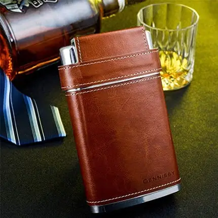 GENNISSY 304 18/8 Stainless Steel 8oz Flask - Brown Leather with 3 Cups and Funnel 100% Leak Proof