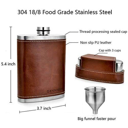 GENNISSY 304 18/8 Stainless Steel 8oz Flask - Brown Leather with 3 Cups and Funnel 100% Leak Proof
