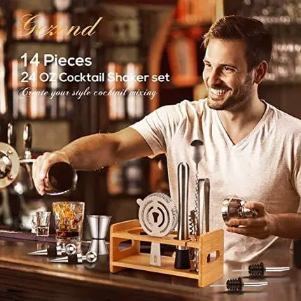Bartender Kit with Stand Gifts for Men Dad, 14 Pieces Cocktail Shaker Set for Drink Mixing, Perfect Home Martini Shaker Stainless Steel Bar Tools Accessories for Beginners Christmas Stocking Stuffer
