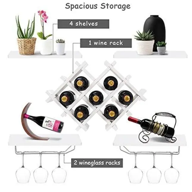 Giantex Set of 5 Wall Mount Wine Rack Set w/ Storage Shelves and Glass Holder (White)