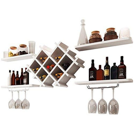 Giantex Set of 5 Wall Mount Wine Rack Set w/ Storage Shelves and Glass Holder (White)