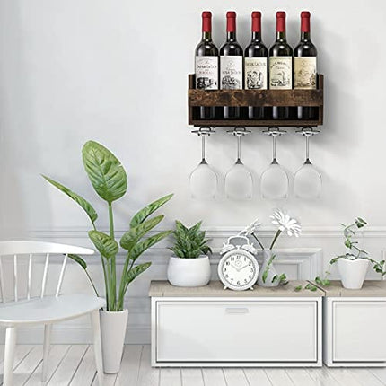 Giikin Vintage Wall Mounted Wine Rack, Wine Glass Rack Holds 5 Wine Bottles and 4 Stemware Glass Holder, Wood Wine Storage Rack for Home Kitchen, Dining Room, Bar Décor (Retro Brown)
