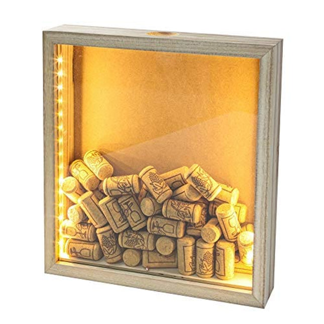 GiveU Wine Cork & Beer Cap Holder Shadow Box Wall Mounted with Lights Shadow Box Display Case Showcase as a Memory Gift 11x12’’