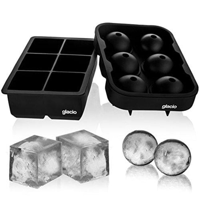 glacio Ice Cube Trays Silicone Combo Mold - Set of 2, Sphere Ice Ball Maker with Lid & Large Square Molds, Reusable and BPA Free