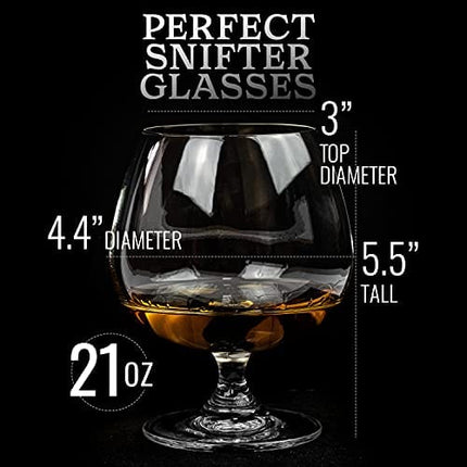 Large 21 oz Crystal Brandy and Cognac Sniffer Glasses | Set of 4 Short Stem Giant Snifter Bowls | Drinking and Tasting Glassware for Bourbon, Scotch, Tequila, Armagnac, Rum, Liquor, Beer
