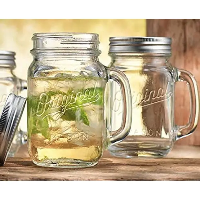 Mason Jar 16 Oz. Glass Mugs with Handle and Lid Set Of 4 Glaver's Old Fashioned Drinking Glass Bottles Original Mason Jar Pint Sized Cup Set.