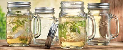 Mason Jar 16 Oz. Glass Mugs with Handle and Lid Set Of 4 Glaver's Old Fashioned Drinking Glass Bottles Original Mason Jar Pint Sized Cup Set.
